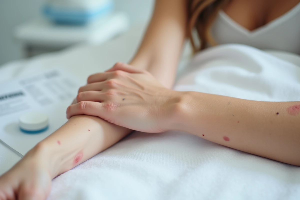 Gros plan d'un avant-bras présentant une légère rougeur après laser vasculaire avec crème de soin et fiche de conseils post-séance