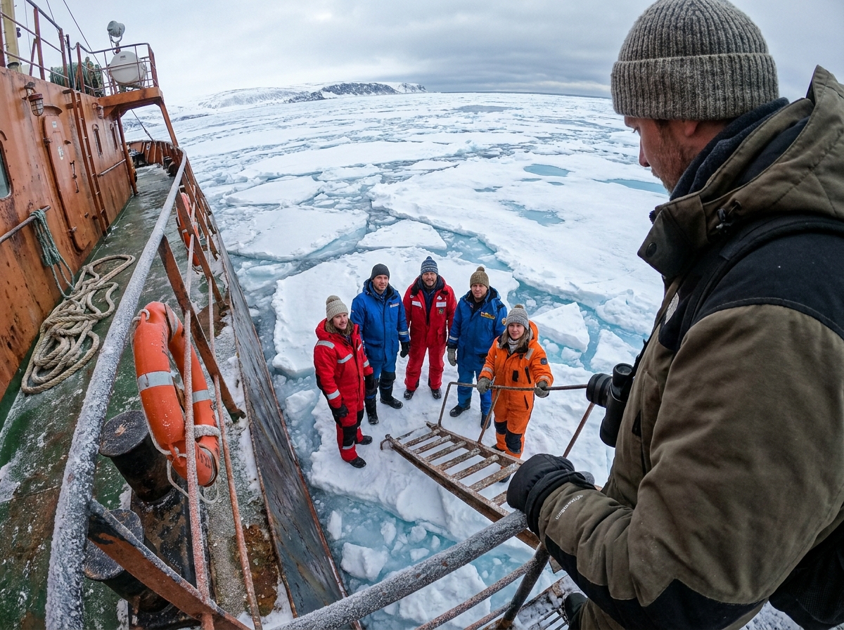 Groupe de voyageurs sur le pont d un brise-glace en mer gelée