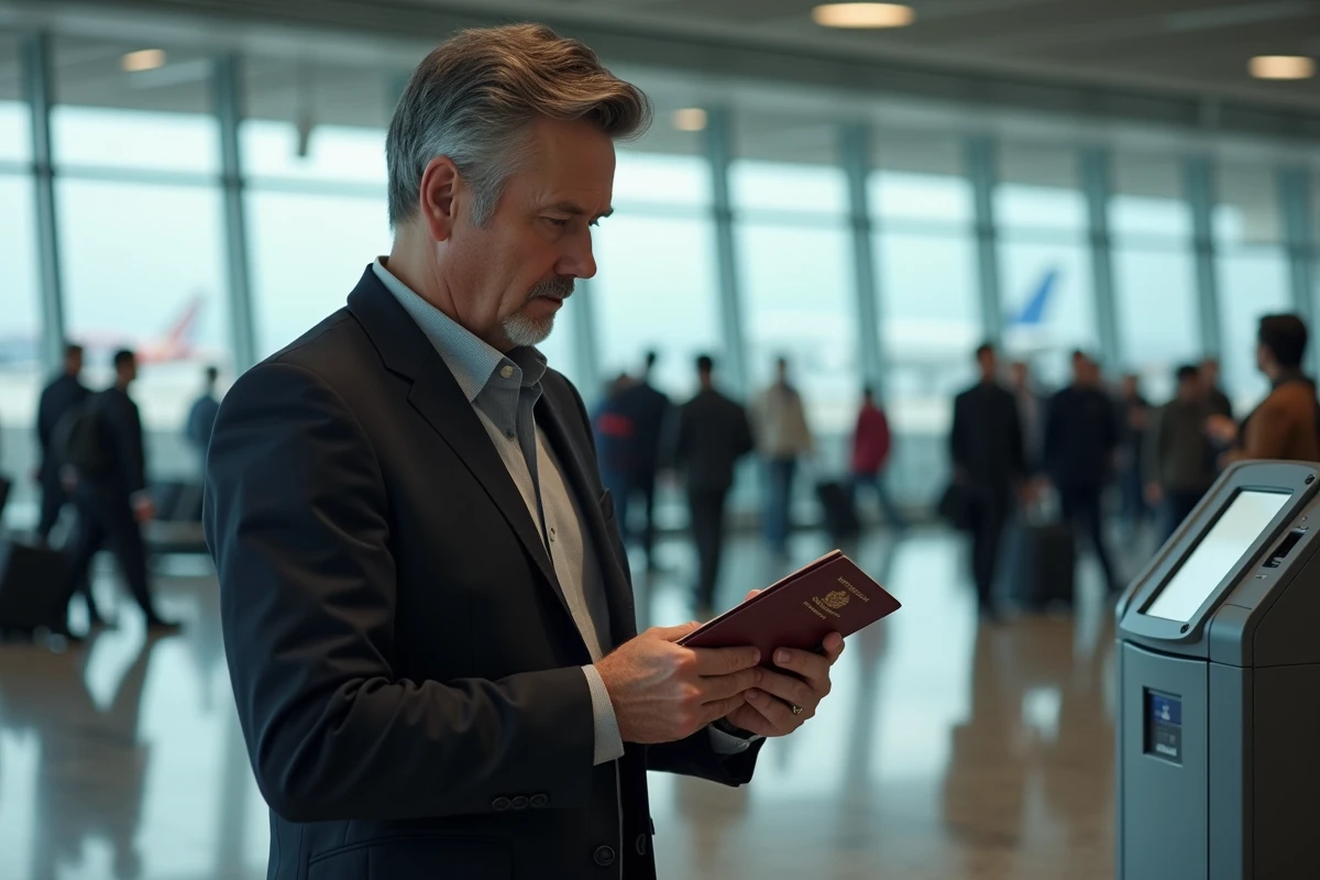 Homme vérifiant ses documents à la borne d