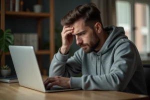 Homme frustré devant un ordinateur portable affichant une erreur de site web inaccessible