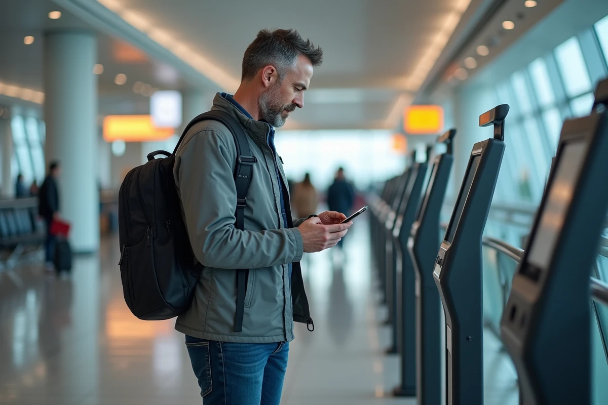 Homme vérifiant son billet sur un kiosque à l