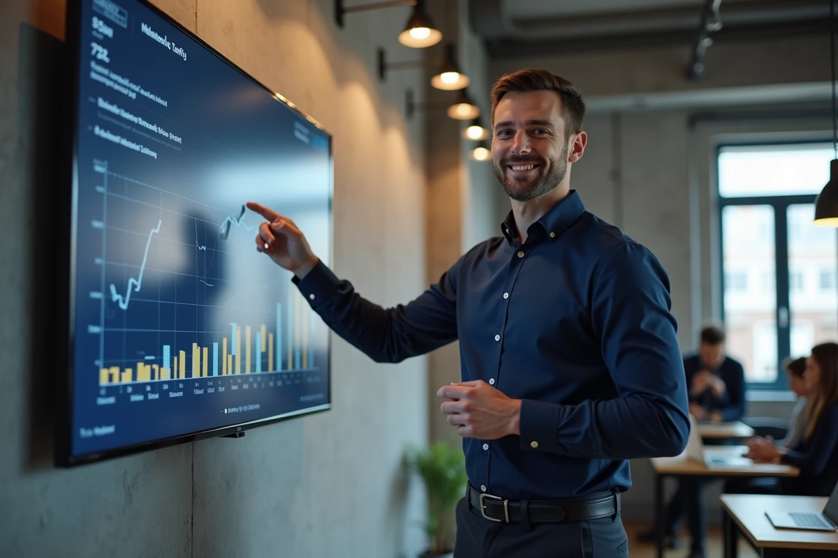 Homme présentant une stratégie de marketing digital et de visibilité en ligne dans un espace de coworking moderne