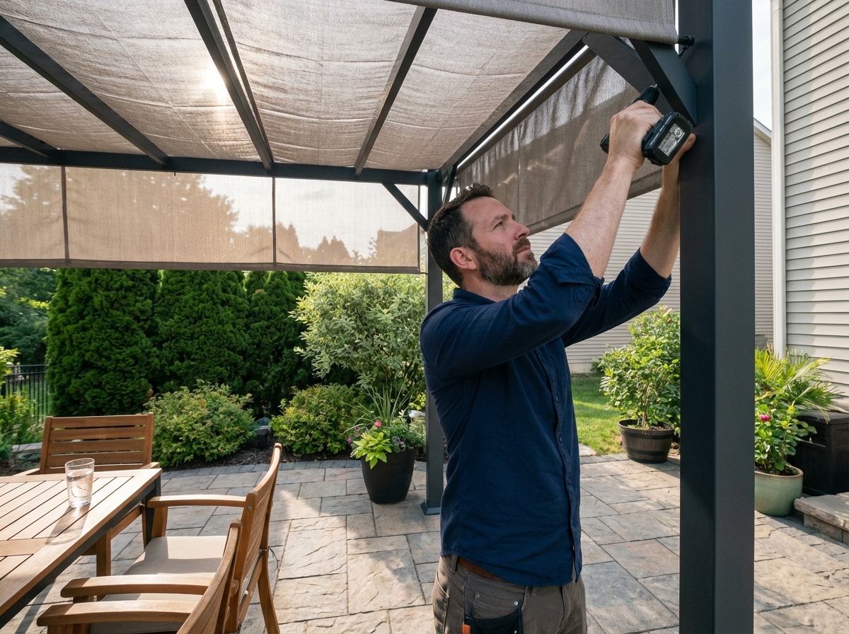 Homme installant une pergola sur une terrasse en extérieur