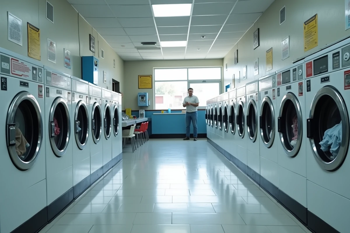 Intérieur propre d'une laverie automatique en franchise avec rangées de machines à laver en fonctionnement