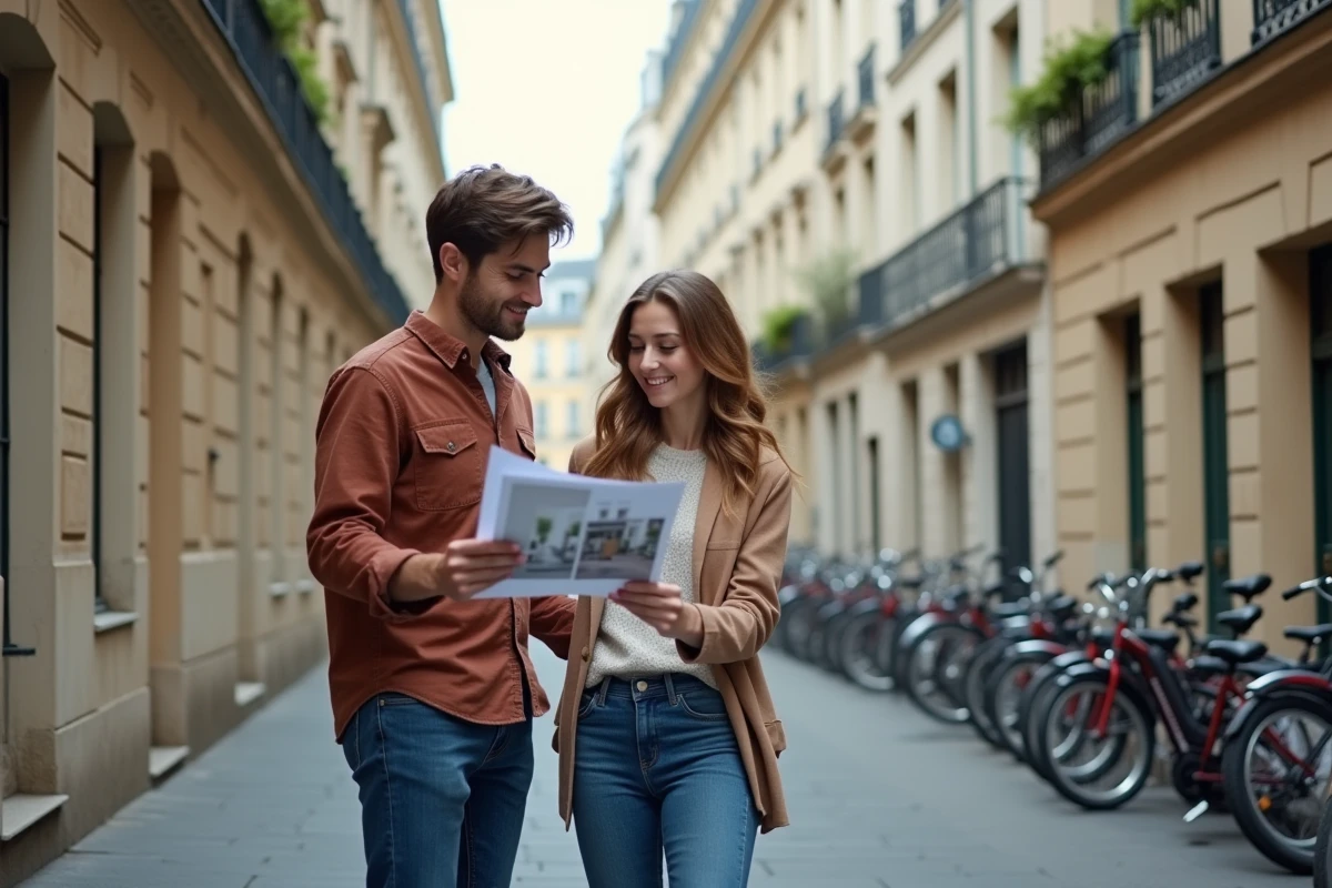 Jeune couple regardant une brochure immobilière dans la rue à Paris