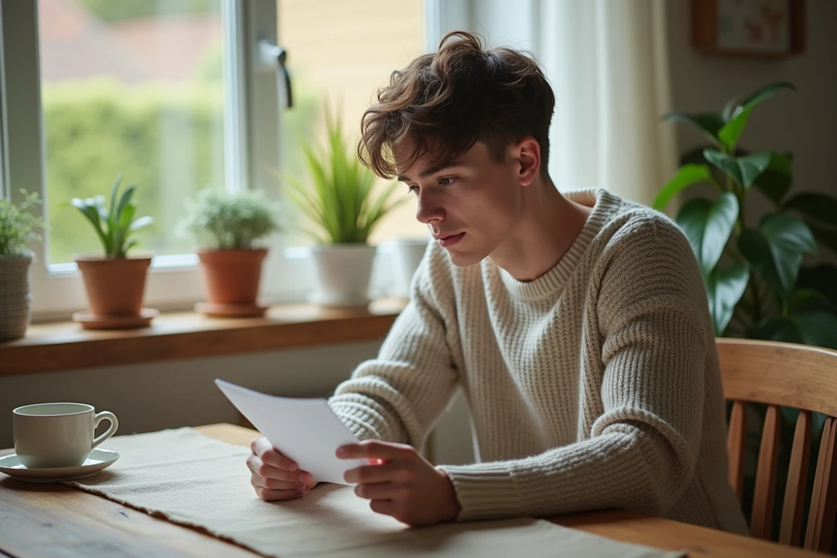 Jeune homme lisant une lettre dans la cuisine lumineuse