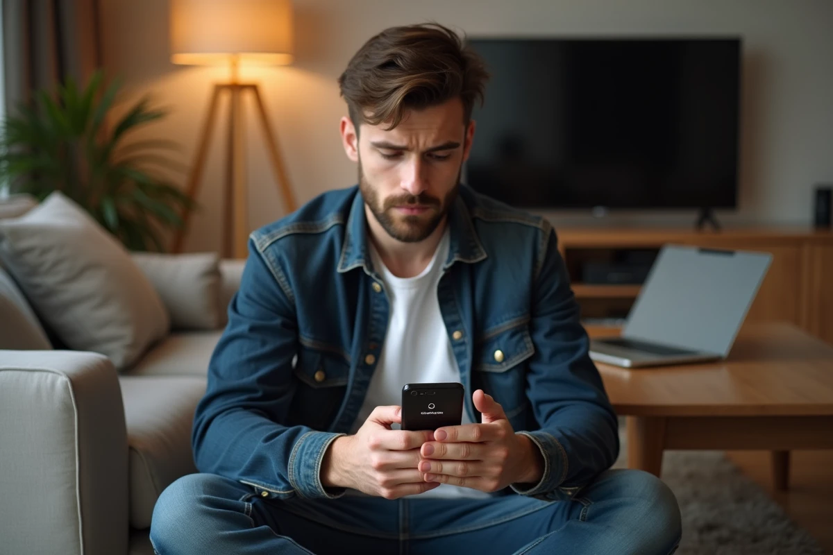 Jeune homme confus consultant son smartphone face à un site de téléchargement inaccessible