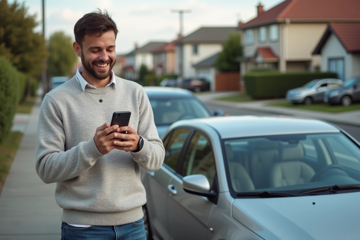 Jeune homme avec smartphone près de sa voiture