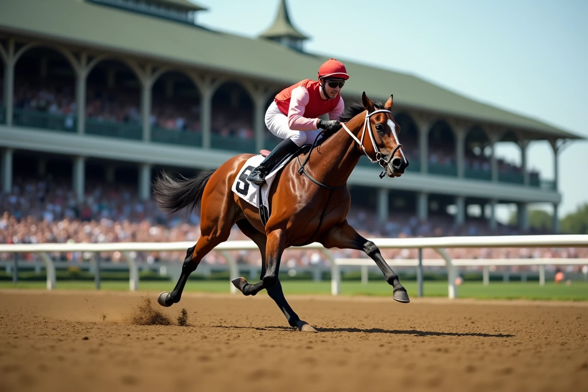 Jockey en pleine course sur un cheval pur-sang au galop sur un hippodrome professionnel avec les gradins en arrière-plan flou illustrant la carrière d'un champion millionnaire
