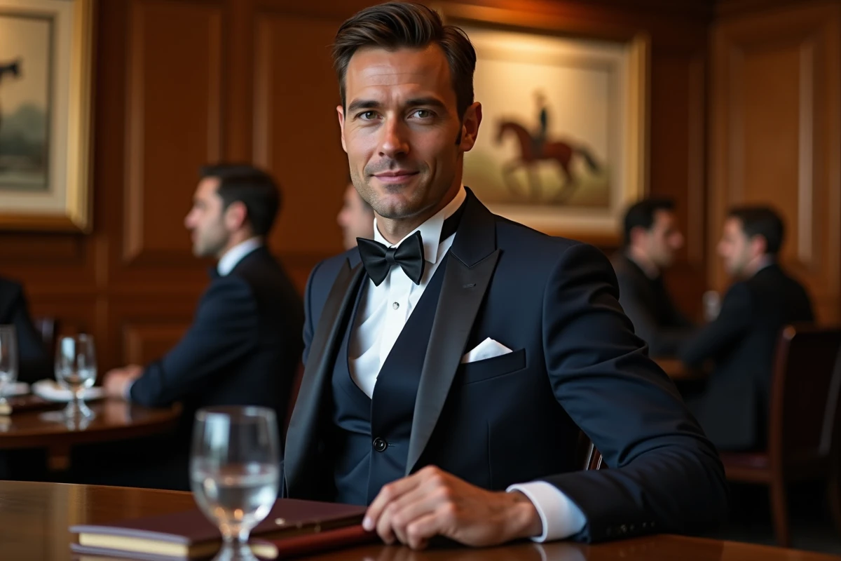 Jockey millionnaire élégamment vêtu d'un costume bleu marine assis dans un club privé luxueux symbolisant la fortune et le succès dans le monde hippique