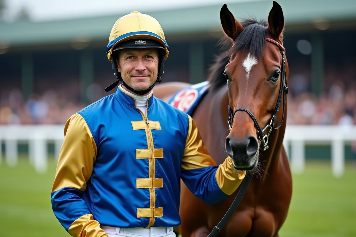 Jockey professionnel en tenue de course bleue et dorée posant fièrement aux côtés d'un cheval de course pur-sang dans le paddock d'un hippodrome européen