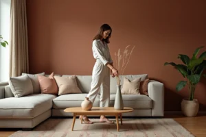 Femme en jumpsuit en lin dans un salon moderne