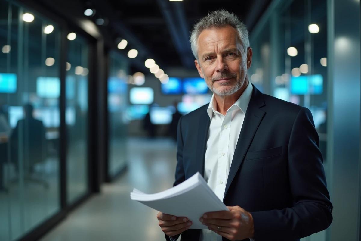 Journaliste vétéran dans un couloir de studio de télévision tenant des scripts face à une épreuve professionnelle