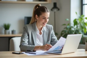 Une professionnelle indépendante consulte des logiciels de comptabilité gratuits sur son ordinateur portable dans un bureau moderne