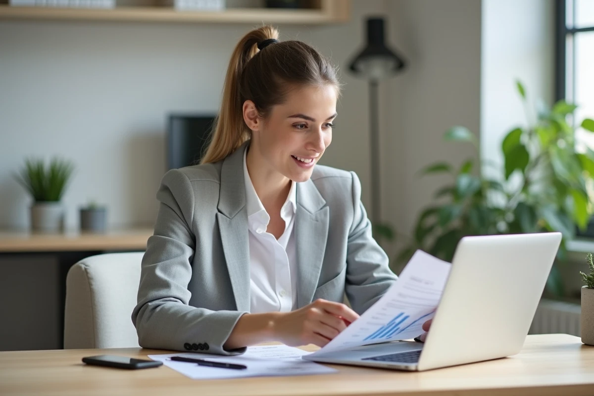 Une professionnelle indépendante consulte des logiciels de comptabilité gratuits sur son ordinateur portable dans un bureau moderne