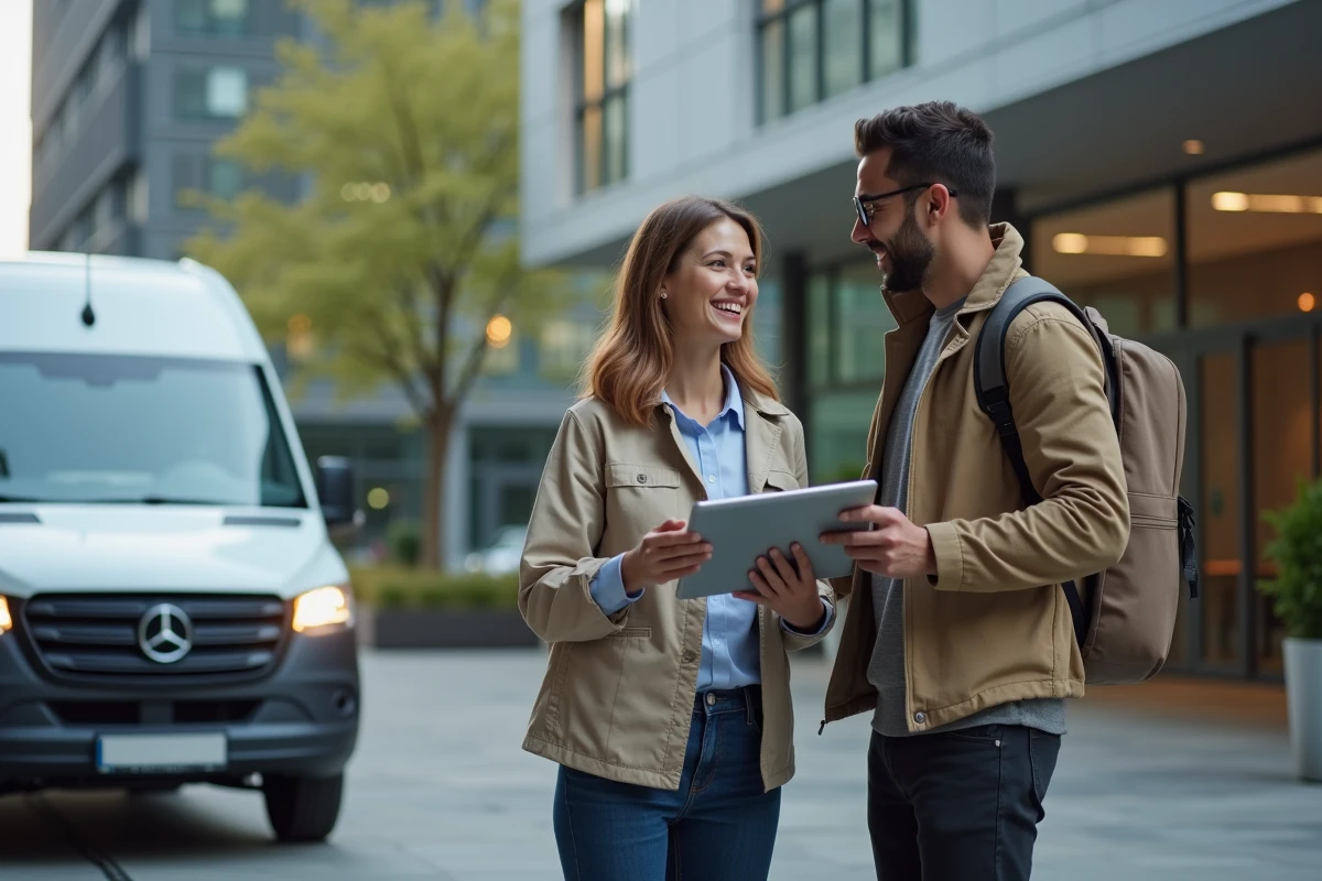 Jeune femme gestionnaire discutant avec livreur devant van