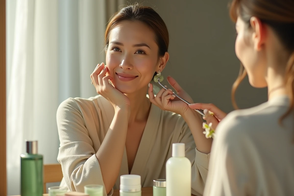 Femme utilisant un rouleau de jade pour un soin du visage naturel dans une chambre lumineuse