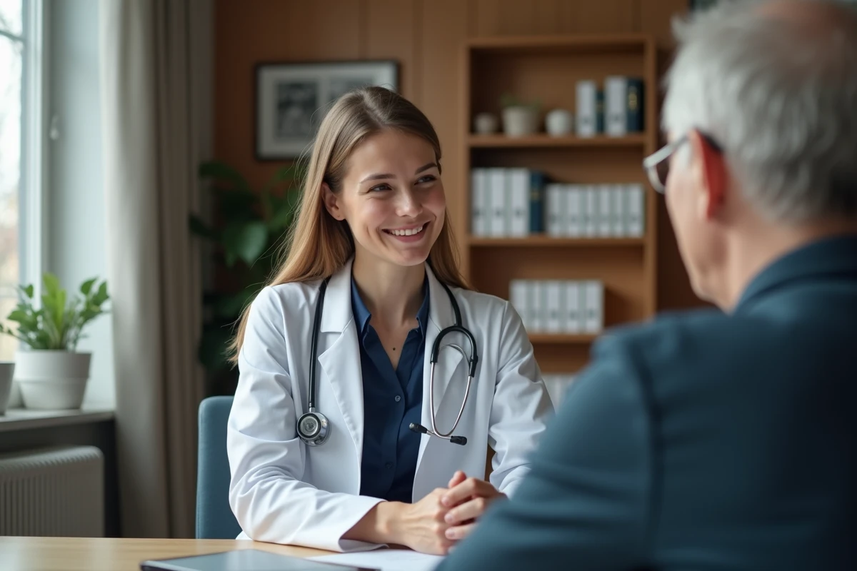 Jeune medecin femme parlant avec un patient age en cabinet