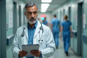 Medecin homme en coat blanc dans un hopital francais
