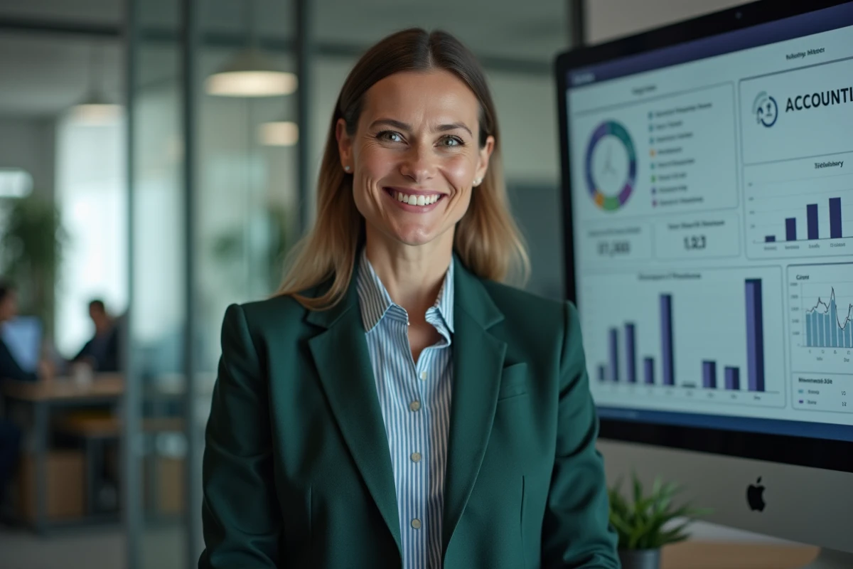 Une cheffe d'entreprise consulte la suite de gestion complète Odoo Community sur un grand écran dans un bureau professionnel