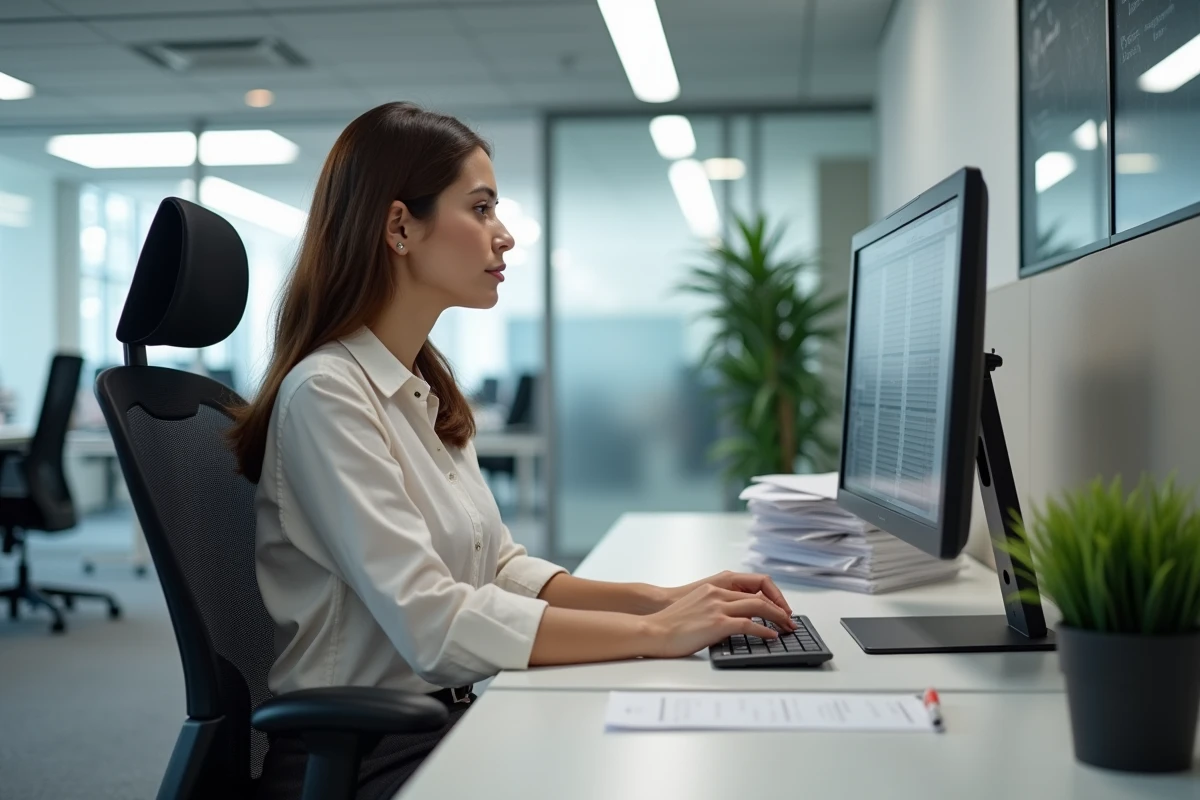 Eine Datenerfasserin gibt Daten am Computer in einer ruhigen und organisierten Büroumgebung ein