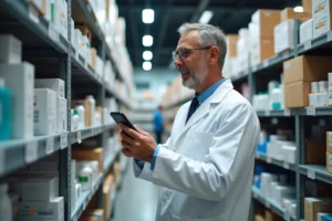 Pharmacien en entrepôt vérifiant des produits pharmaceutiques