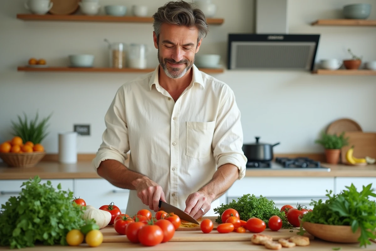Homme préparant un repas sain et coloré dans une cuisine moderne pour optimiser sa santé au quotidien