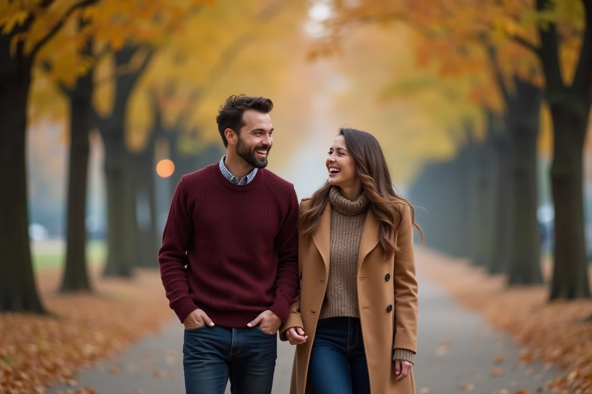 Couple se promenant dans un parc urbain en automne pour améliorer leur bien-être physique et mental au quotidien