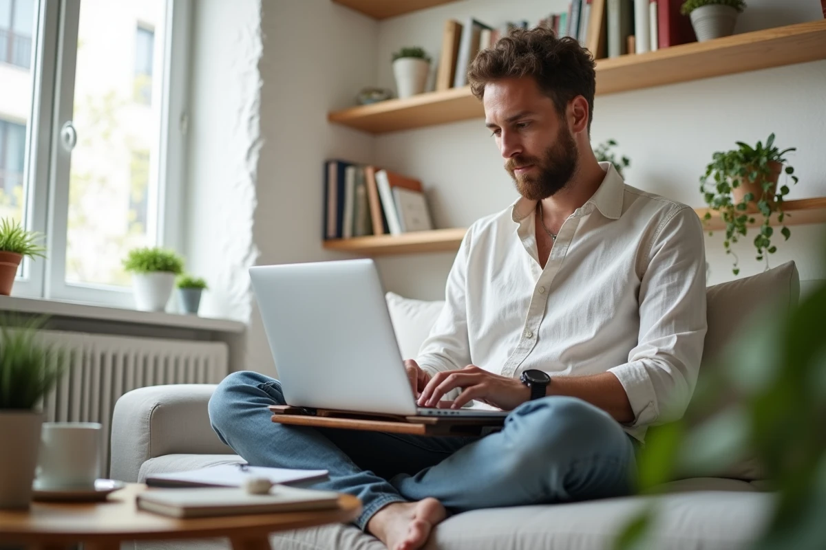 Ein freiberuflicher Webredakteur arbeitet von zu Hause aus an seinem Laptop in einem komfortablen Wohnraum