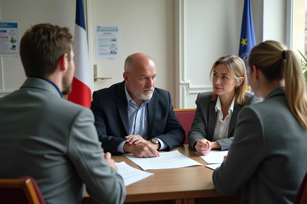 Couple en rendez-vous à la mairie pour se renseigner sur l'achat d'un bien communal