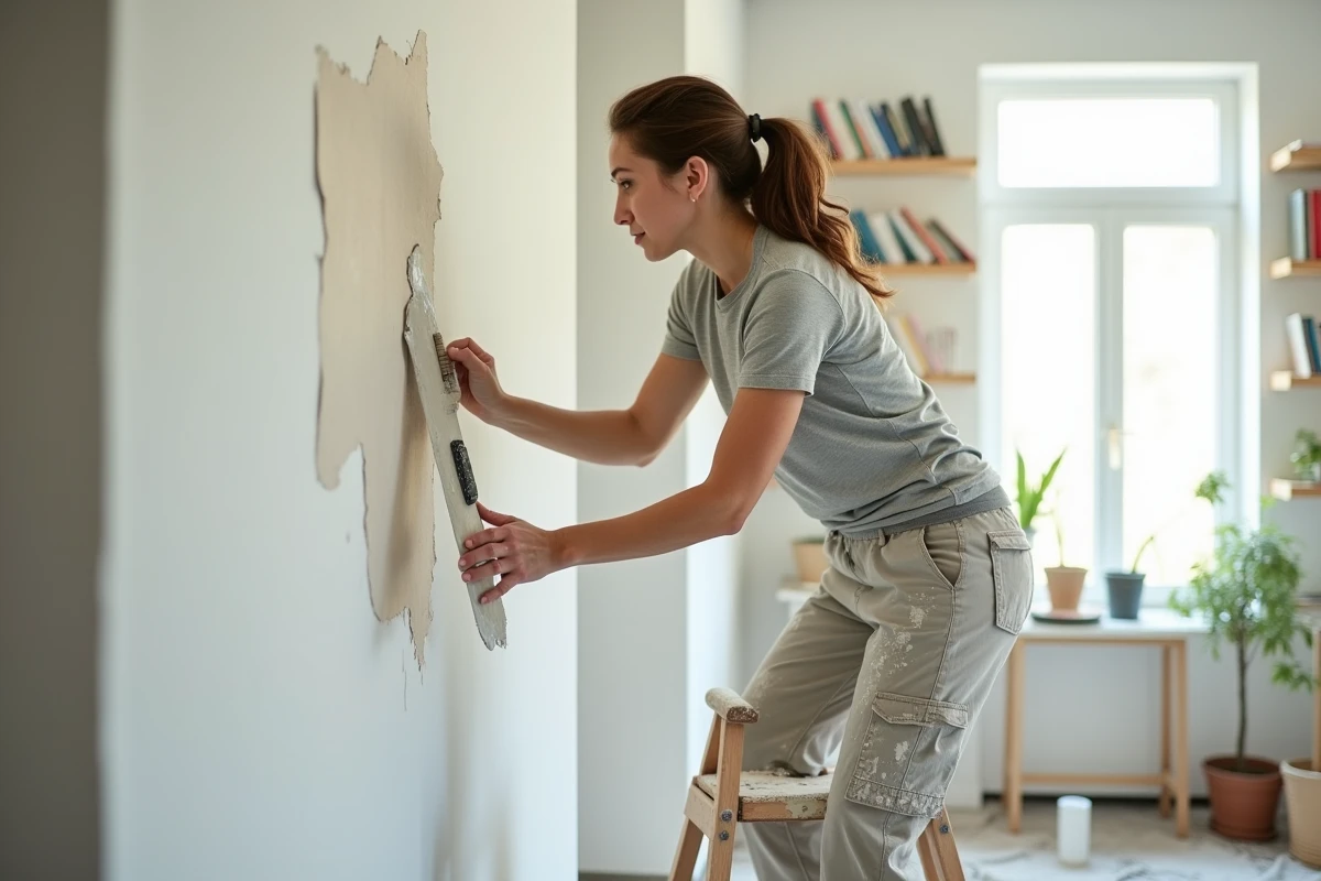 Femme appliquant de l'enduit sur un mur intérieur lors de travaux de rénovation domestique dans un salon