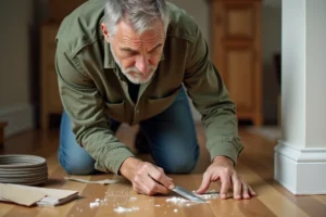 Homme en train de réparer un parquet en bois avec un couteau à enduire et du mastic, travaux de bricolage à domicile