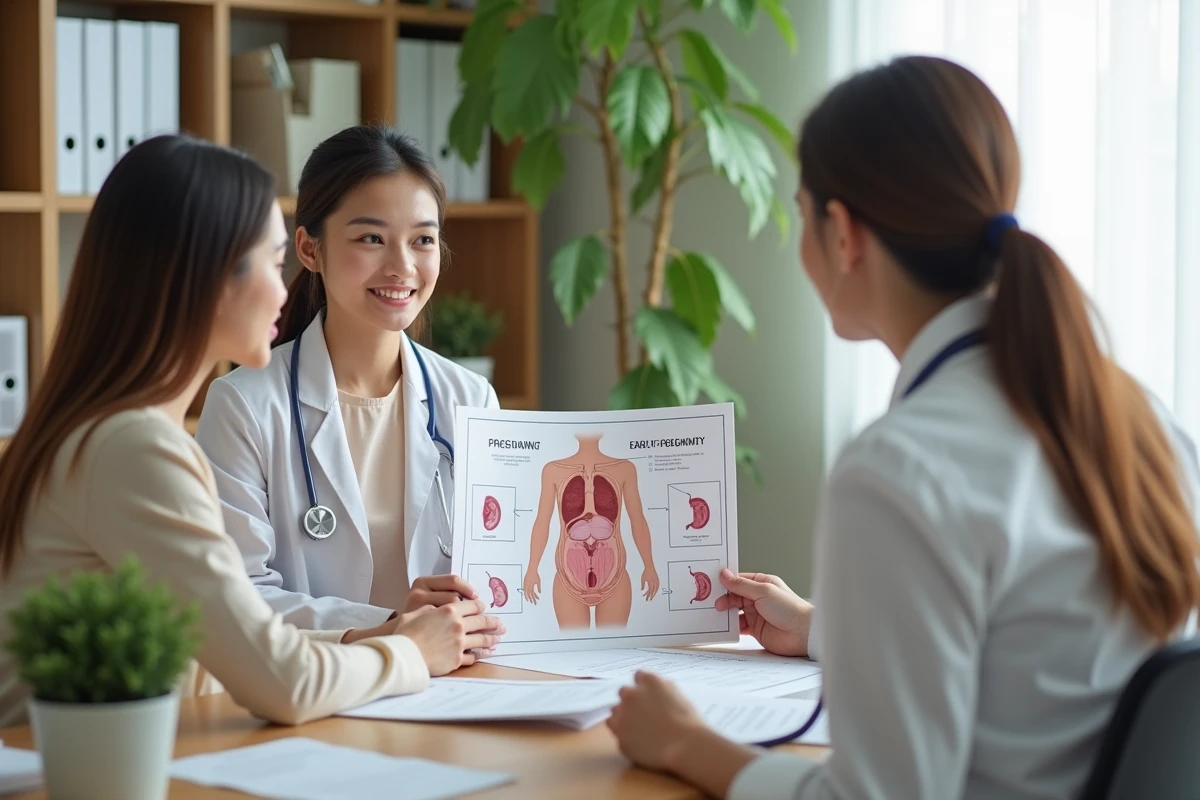 Sage-femme expliquant un diagramme de grossesse à un couple
