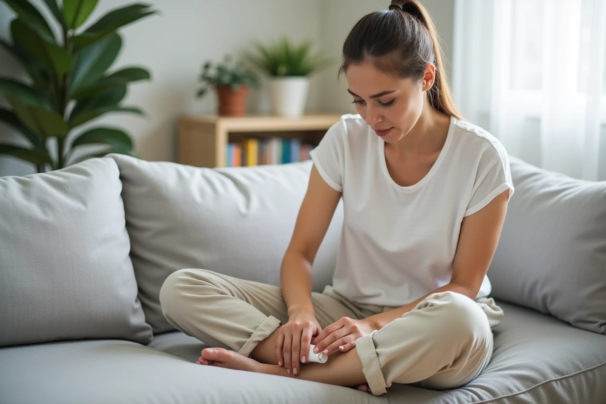 Femme appliquant une crème apaisante sur ses jambes après une séance de laser vasculaire à domicile