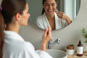 Femme appliquant un sérum visage dans une salle de bain minimaliste pour des soins de peau lumineux