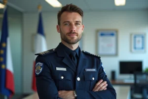 Gendarme en uniforme bleu dans une brigade de gendarmerie moderne, portrait 3/4 professionnel illustrant le métier de sous-officier de gendarmerie