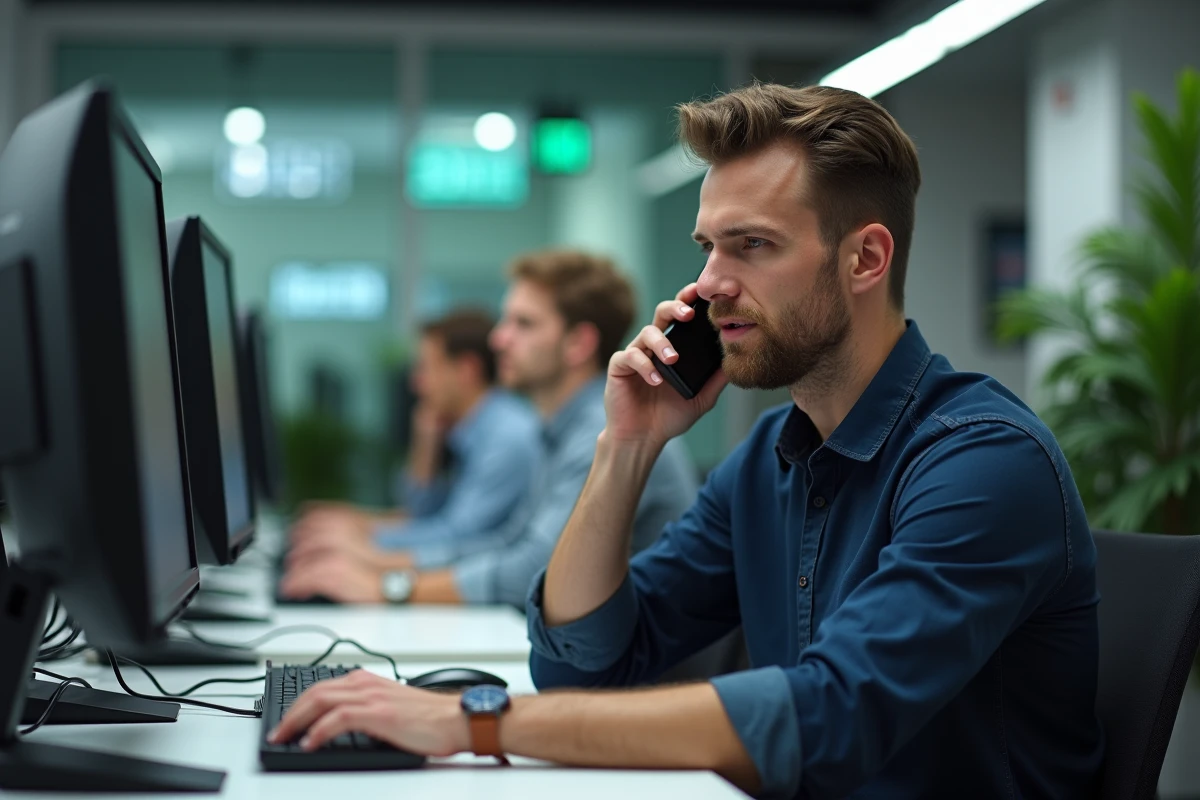 Technicien du support informatique campus aidant un étudiant à résoudre un problème d'accès au portail Eduservices