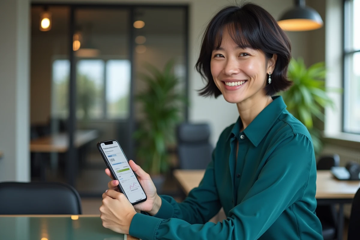 Une professionnelle consulte l'application Tiime sur son smartphone, associée à son compte professionnel pour la gestion comptable