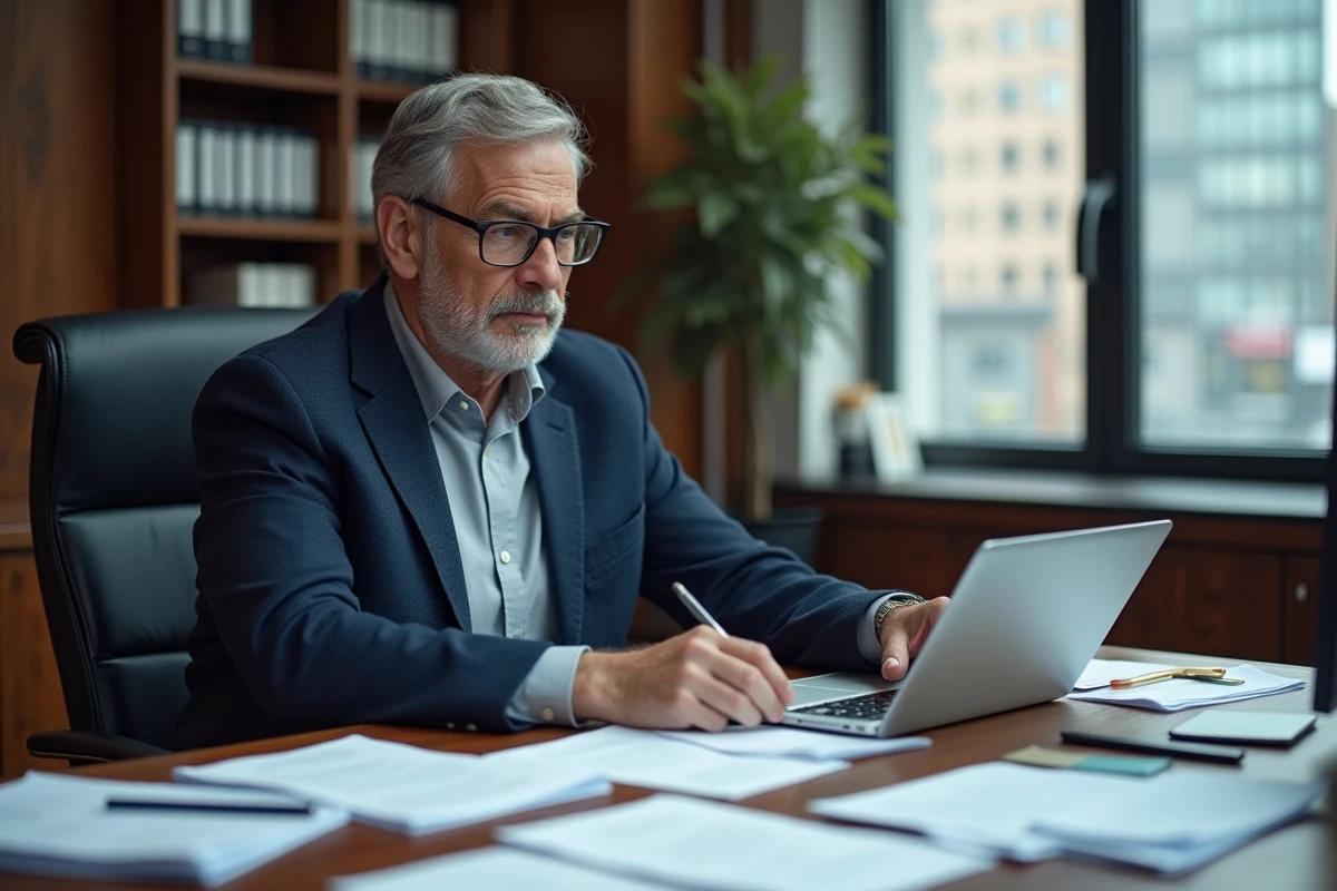 Directeur d'entreprise en transition numérique comparant documents papier et fichiers numériques sur écran