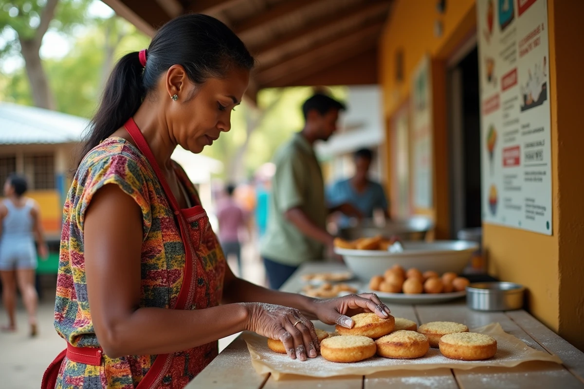 Femme guadeloupéenne préparant un bokit dans une friterie de rue traditionnelle des Antilles