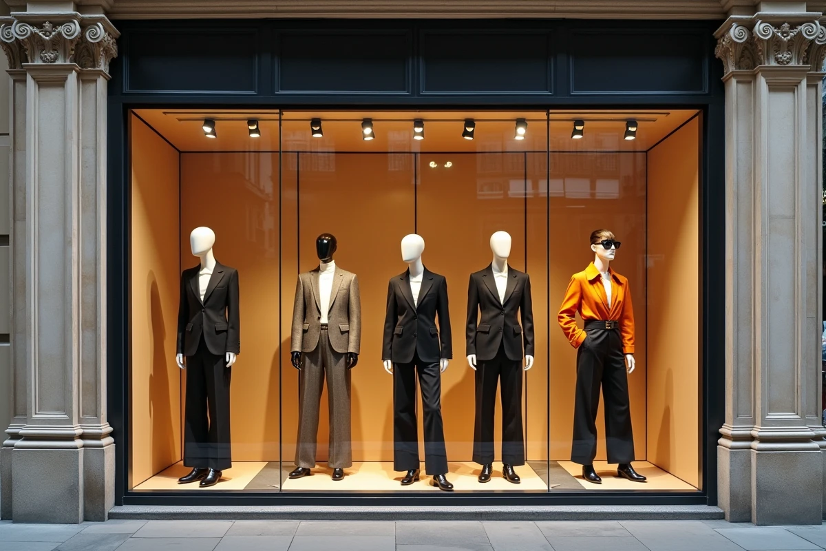 Vitrine de grand magasin parisien présentant la nouvelle collection mode avec mannequins habillés en tenues tendance