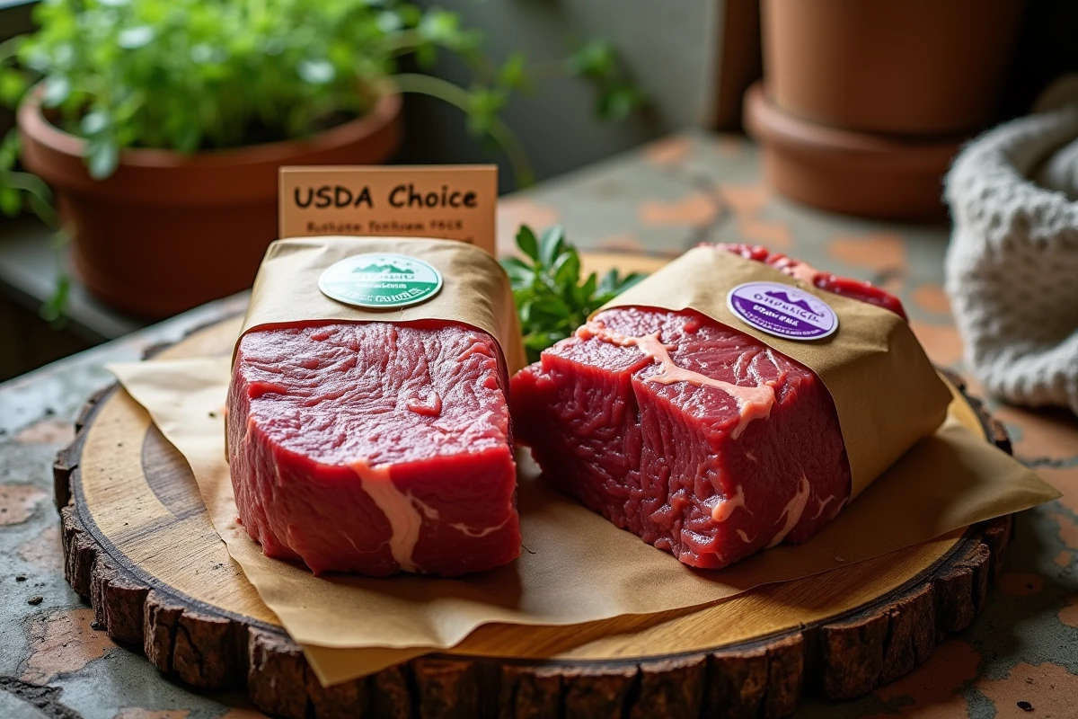 Vue de dessus de deux pièces de bœuf cru côte à côte, l'une certifiée biologique et l'autre estampillée USDA Choice, sur une planche en chêne rustique